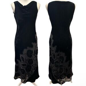 Vintage Evan Picone Black Velvet Cowl Neck Floral Midi Dress